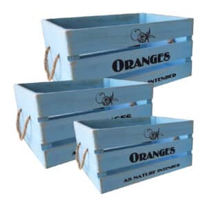 Set Of 3 Wooden Rustic Storage Crates Wood, With Rope Handles Nestable Blue, G169765