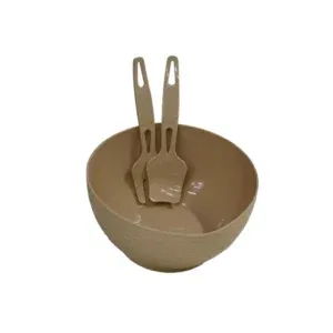 Salad Rattan Bowl with Fork & Spoon Beige